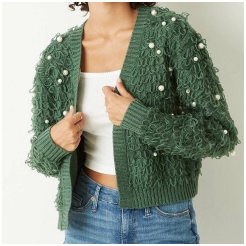 Mighty Fine Green Dress Cropped Cardigan Loop & Pearl Embellishments M-Holiday